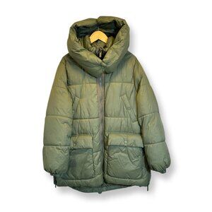Zara TRF Puffy Winter Coat Sz: S-M Green Hooded Parka Zipper Front
